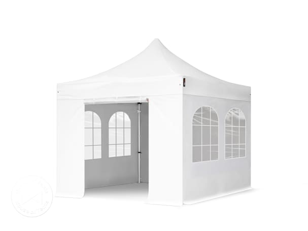 White 3x3 pop up gazebo with arched windows and closed sidewalls