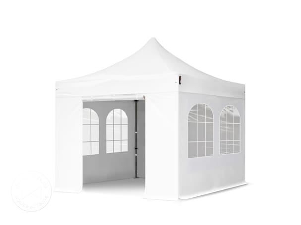 Pop up gazebo with two arched windows and zippered roll-up door