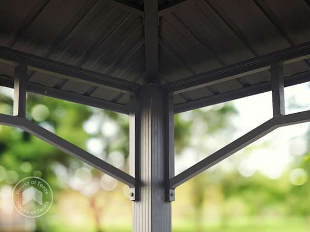 Corner support bracket of a heavy-duty metal garden gazebo