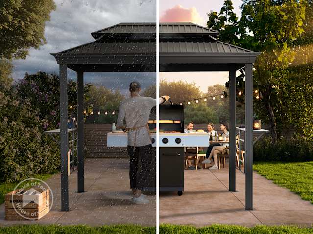 bbq gazebo in a backyard with a grill under it and patio furniture in the back
