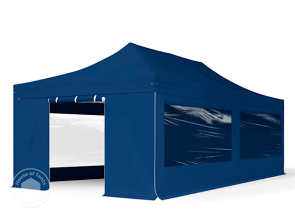 6x3 gazebo with sides in blue, showing waterproof panels and modular design for outdoor events.