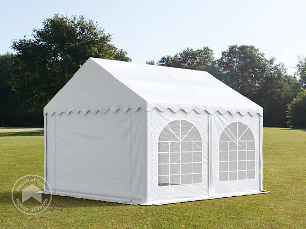 White Pro Ultra 3x4 marquee with PVC cover and arched window side panels, set up on a grassy field under clear skies.