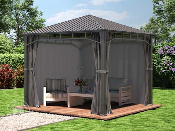 3x3 garden gazebo with curtains and lounge furniture on a wooden deck