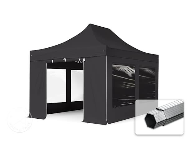 Black 3x4.5 professional pop-up gazebo with 850 PVC canopy, four side panels, and hexagonal aluminium frame detail.