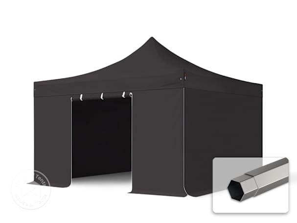 Heavy-duty black 4x4 pop up gazebo with four side panels and hexagonal frame detail