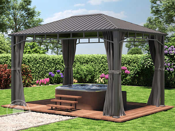 3x4 garden gazebo Superior model with aluminium frame and steel anthracite roof, shown on a wooden patio, covering a hot tub and surrounded by greenery.