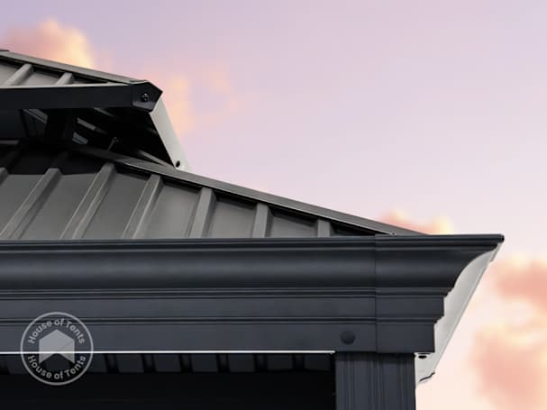 Specialised BBQ gazebo with 0.4 mm galvanised steel ventilated roof for safe outdoor grilling and weather protection