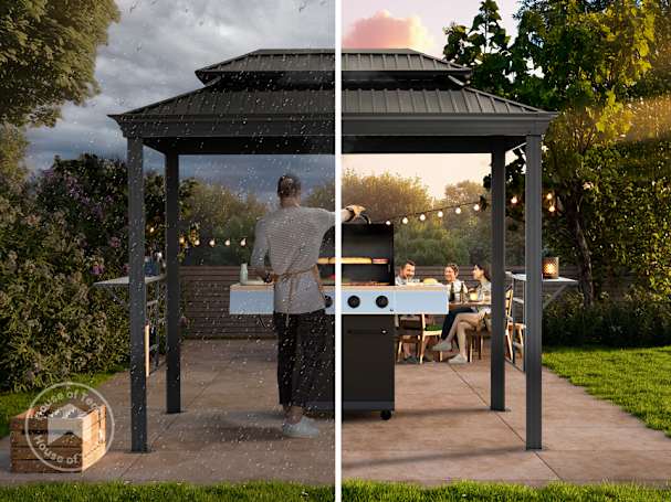 man grilling under bbq shelter with friends seated in the background