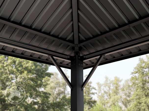 Corner view of the Moonlight all-steel gazebo with galvanised steel frame and roof panels.