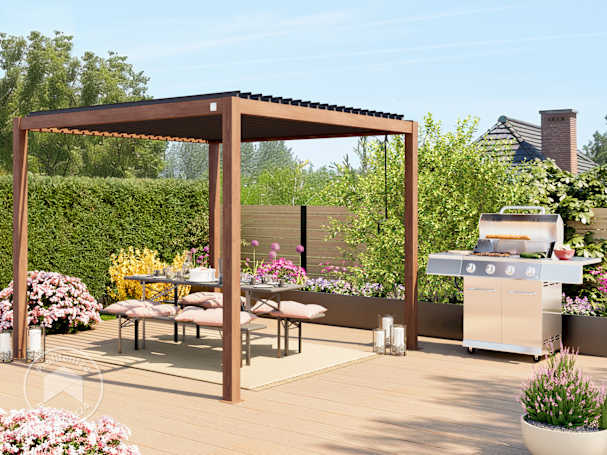 Vrijstaande pergola in hout look naast bbq