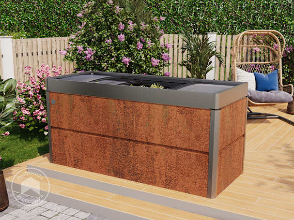 Een cortenstaal plantenbak in de moestuin en tuin