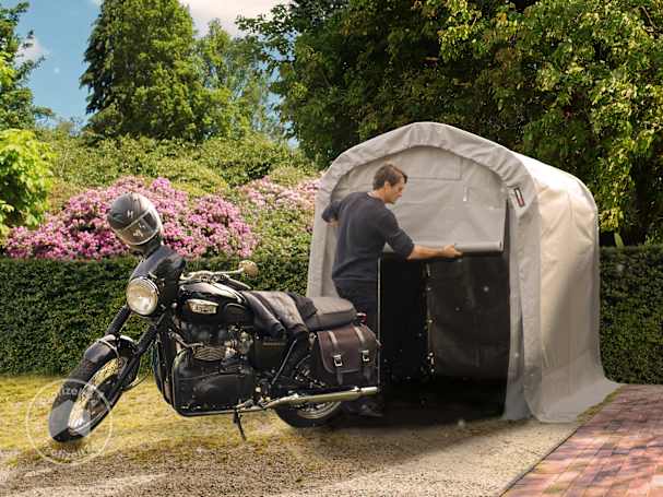 Mobile Zeltgarage als praktische Motorradgarage im Sommer