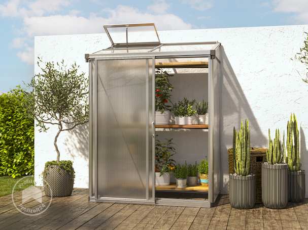 Ein kleines Anlehngewächshaus für die Terrasse