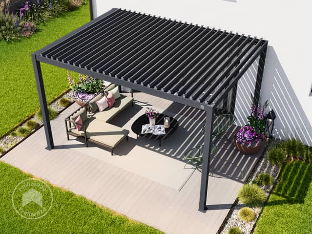 Eine Pergola mit robustem Lamellendach