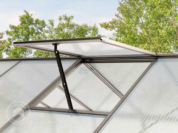 Das stabile Gewächshaus Rubin 7 ist mit vier automatischen Fensteröffnern erhältlich