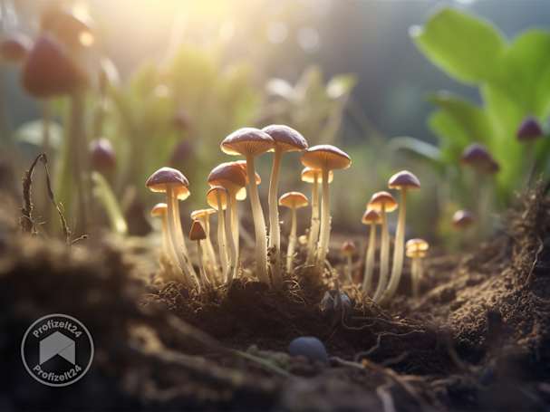 Große Pilze mit Früchten im Beet