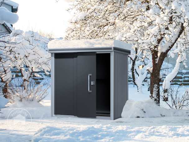 Ein wetterfester & wasserdichter Gartenschrank im Schnee