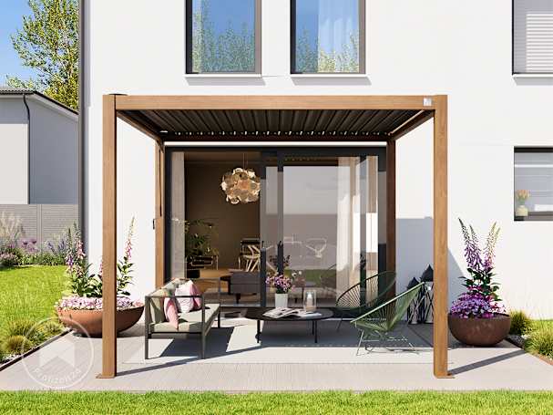 Eine Pergola mit geschlossenem Lamellendach