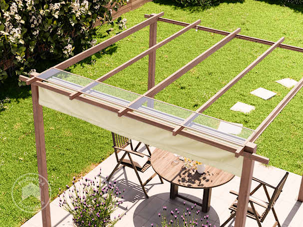 Eine Pergola mit einem Sonnensegel in Beige
