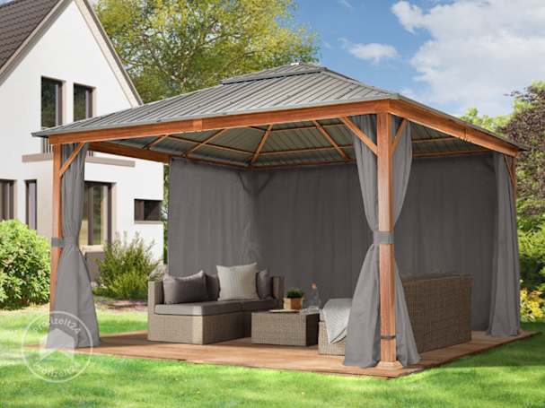 Ein moderner Gartenpavillon mit Seitenteilen in Loft Grey