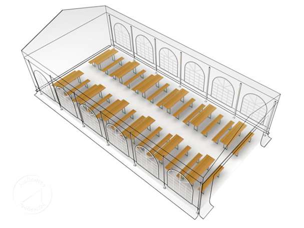 Grundriss eines Festzeltes inklusive Bierzeltgarnituren