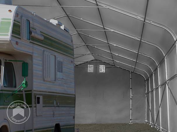 Tältgarage för husbilar som kan användas året runt, inklusive integrerade ventilationsfönster