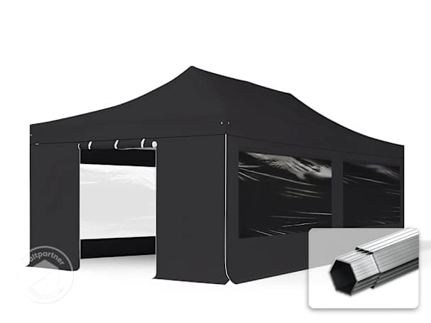 Snabbtält 4x8 m med fyra sidoväggar, två dörrar och panoramafönster