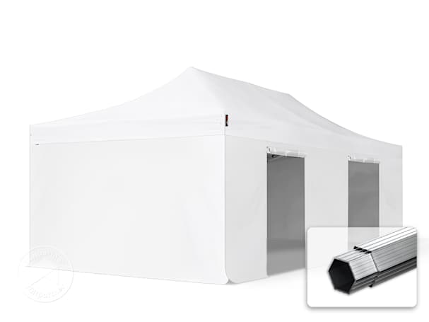 Snabbtält 4x8 m med fyra sidoväggar och en dörr
