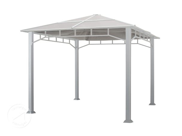 En solid paviljong med en grå markise