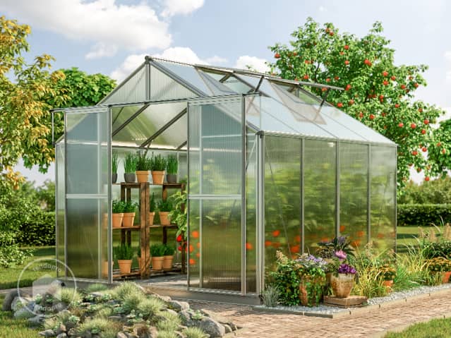serra da giardino in policarbonato con piante